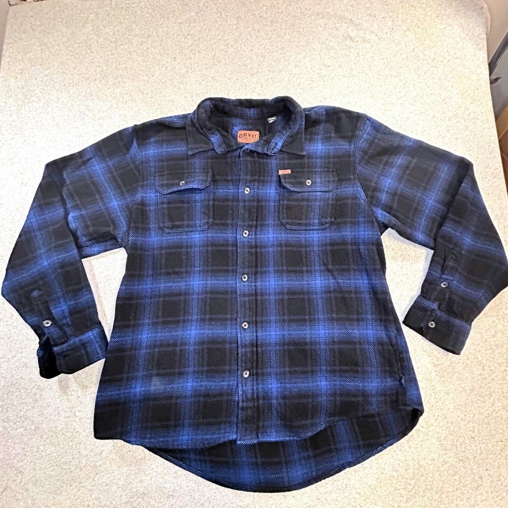 Orvis Flannel‎ Shirt Mens XXL Blue Black Plaid Heavyweight Button Down
